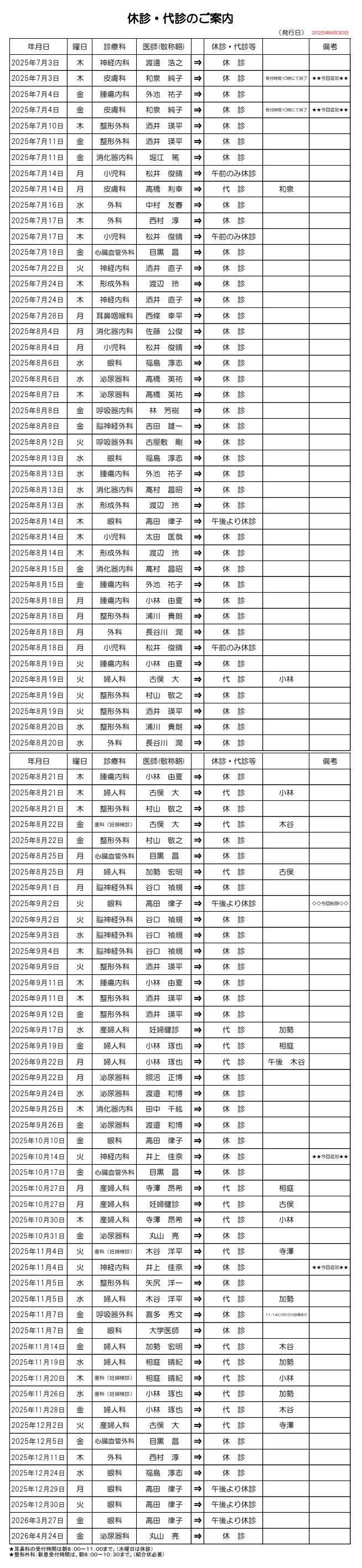 休診・代診のお知らせ画像