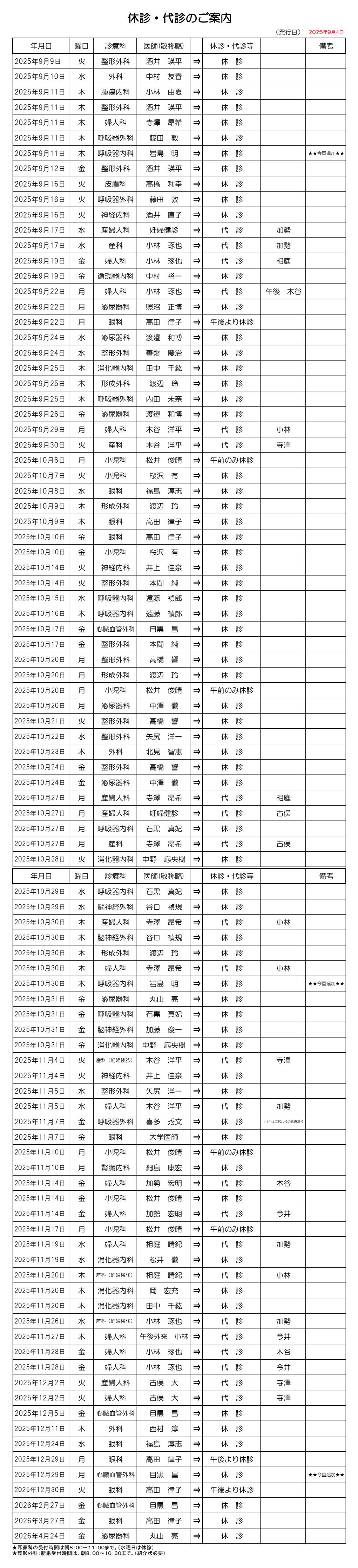 休診・代診のお知らせ画像